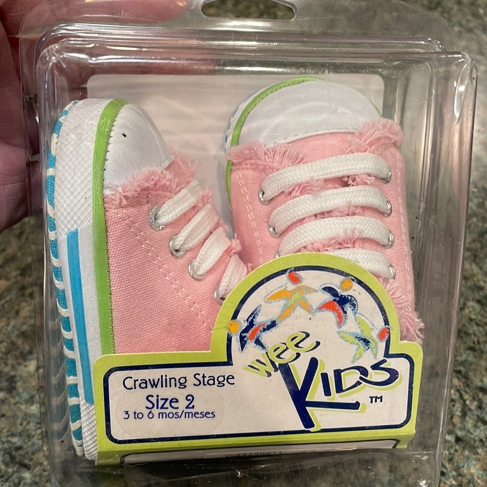 Wee Kids pink sneakers raw edges, white laces,teal soles Crawling Stage Sz 2 NEW